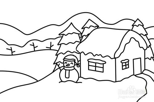 然后,画出远处的山峰和房子旁边的雪地,注意山脚下画三棵枝杈代表枯