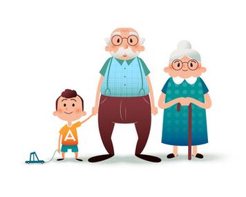 有趣的卡通家庭.快乐的祖父,奶奶和孙子.爷爷和小男孩手牵手.
