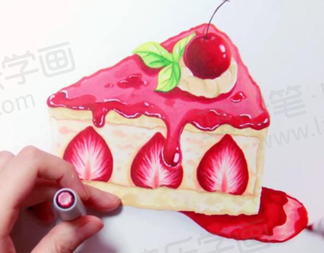 手绘教程用马克笔画一块草莓蛋糕