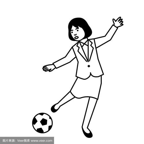 在白色背景上踢足球的女商人.矢量插图.