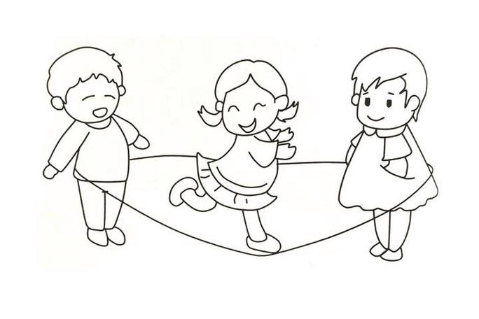 3个小孩在玩跳绳游戏的简笔画