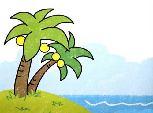 海边椰子树风景水粉画简笔画