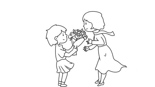 1,首先在中间画一个学生向老师送花.