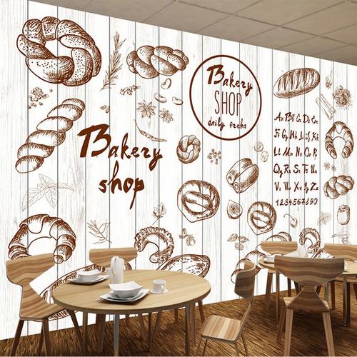 手绘涂鸦面包烘焙店墙纸壁画西餐厅甜品店个性工装3d背景无缝墙布