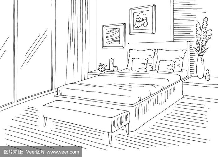 卧室图形黑白色家庭室内素描插图矢量