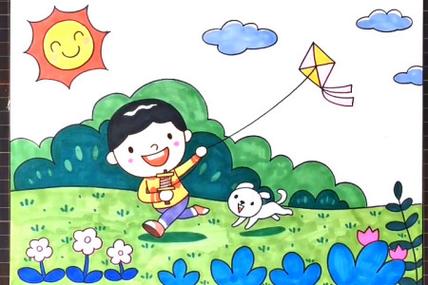 简笔画春天学生童年快乐小男孩插画放风筝的小男孩简笔画步骤宝宝放