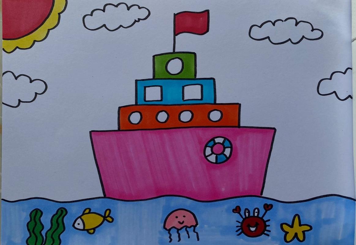 简单轮船儿童画 幼儿园卡通画 适合很小的学生完成的轮船简笔画 多乐