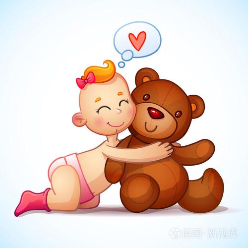 宝贝女孩红发拥抱泰迪熊玩具白色背景上泰迪熊毛绒玩具小女孩深情地望