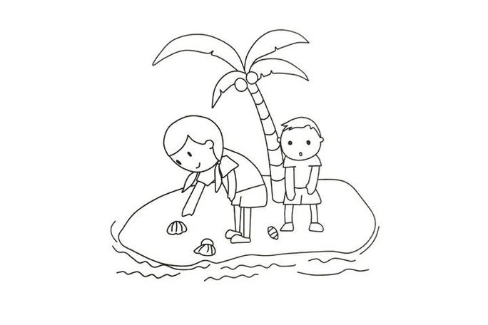 姐弟俩在岛上岸边捡贝壳的简笔画小朋友做游戏的情景简笔画童年场景之