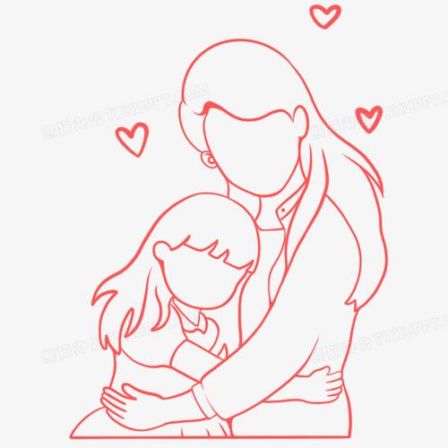 手绘线稿线条母亲抱女儿免抠元素
