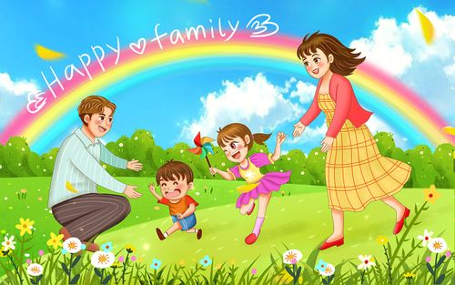 彩色卡通手绘幸福一家人草地玩耍原创插画海报