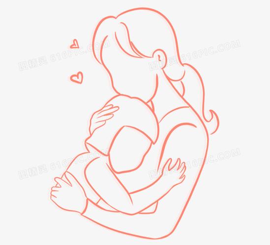 手绘线稿线条妈妈拥抱孩子免抠素材