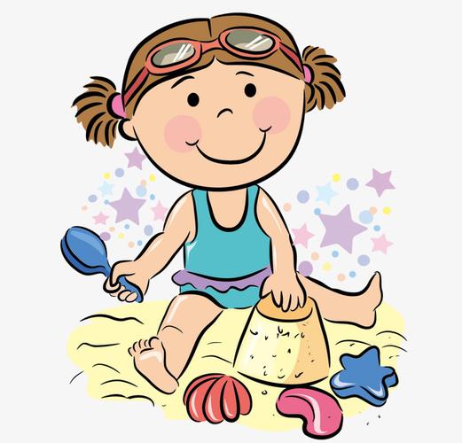 小女孩在沙滩玩沙子简笔画