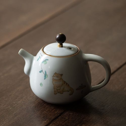 月白汝窑大号茶壶 汝瓷可爱猫咪开片可养 陶瓷套装茶具泡茶壶陶瓷