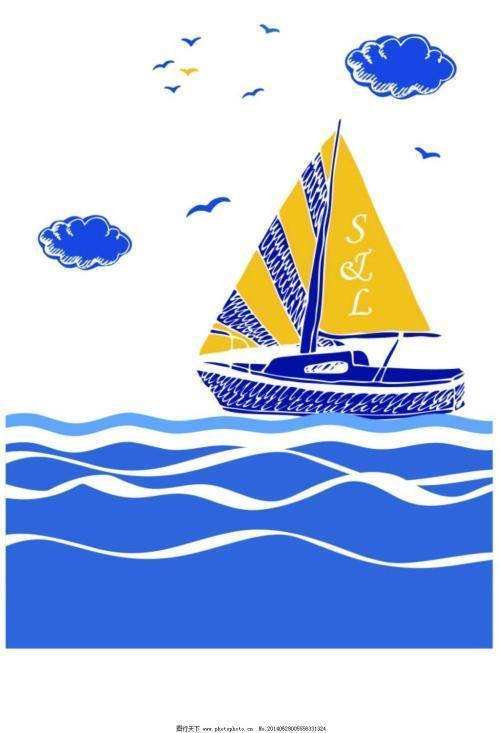 帆船海鸥大海和白云简笔画的涂色
