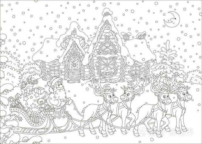圣诞老人乘着驯鹿在雪橇上飞行的简笔画