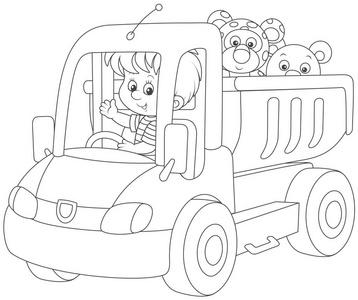 小豹子黑白矢量插图一个小男孩在一辆大玩具卡车上玩,里面有一只泰迪