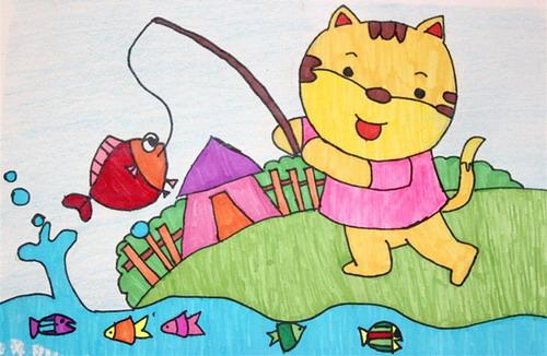 小猫钓鱼 作者姓名: 范晓慧 作者年龄:7岁 作品类别: 彩色水笔画 奖