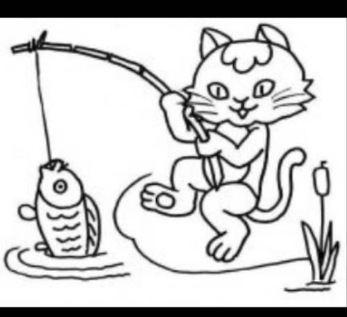 小猫钓鱼故事简笔画4幅