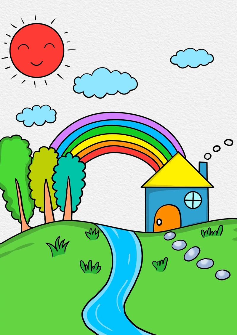 我的家乡风景儿童画,彩虹简笔画