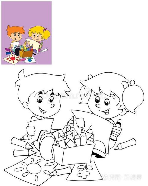儿童插图画童有趣的卡片:小男孩玩粉笔画船数字玩玩具船的孩子学*的