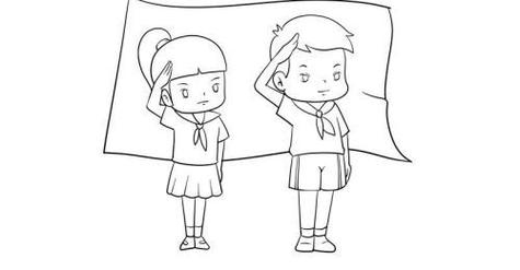 2 步骤二:在小女孩旁边画出一个小男孩,同样带着红领巾敬着礼,穿着