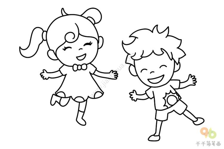 玩耍的小女孩和小男孩简笔画