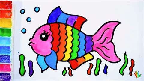 简笔画:绘画美丽的彩虹鱼在海里游玩