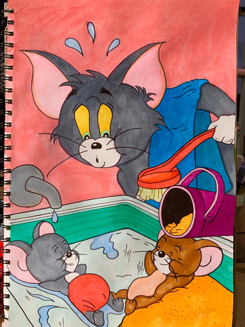 卡通简笔画(教程步骤图) 猫和老鼠临摹 主体是用马克笔上色 背景粉红