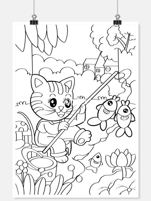 小猫钓鱼的故事四宫格简笔画