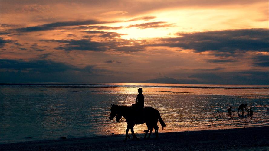 夕阳途马吉利t岛西岸美丽海滩上的黄昏落日下牧马人骑马踏着浪花前