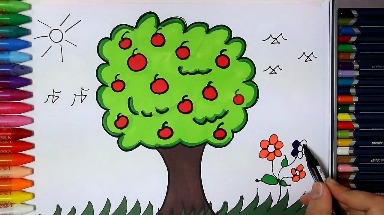 画一棵挂满苹果的大树-趣味彩色简笔画