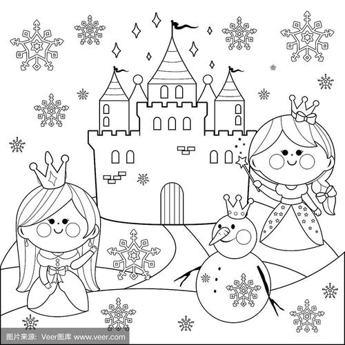 美丽的公主在雪景与城堡和雪人.黑白涂色书页