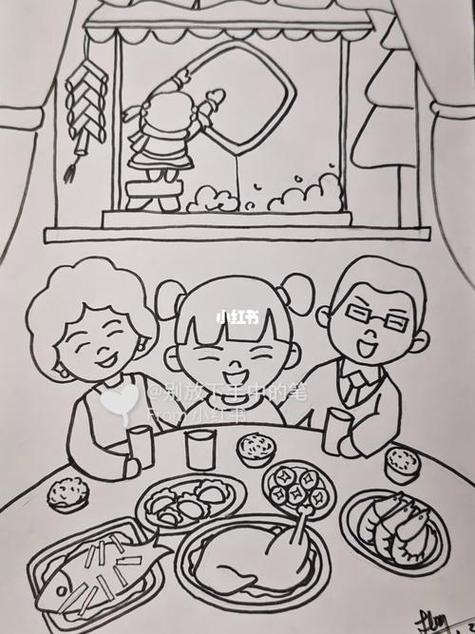 过年全家吃团圆饭的简笔画