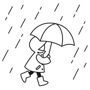 带着雨衣和雨伞在雨中行走的小孩子的黑白线画. 可爱的卡通矢量插图.