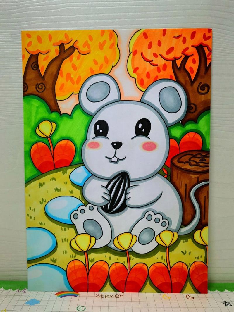 小老鼠动物简笔画儿童插画教程 小老鼠吃瓜子,秋天收获手绘儿童画