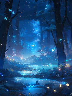 皮克斯风格蓝色茂盛梦幻森林仙境的背景