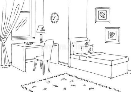 卧室图解的黑的白色的内部草图说明孩子们房间.
