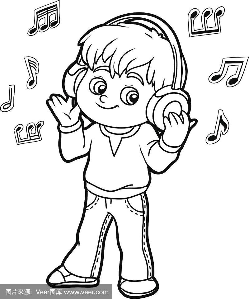 涂色书:小男孩戴着耳机听音乐