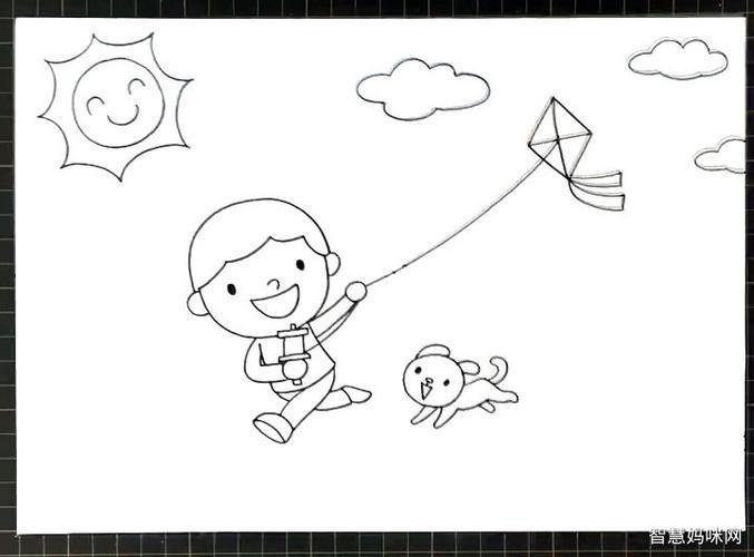 春天放风筝的小男孩简笔画
