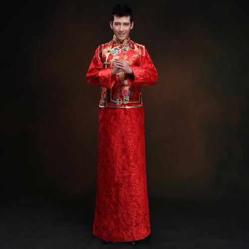 中式婚礼红色新郎长袖秀禾服男士唐装 结婚礼服敬酒服古装