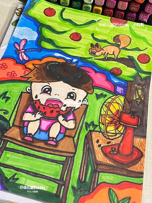 树荫下面吃西瓜的可爱小朋友 #创意儿童画  #儿童画  #夏天简笔画