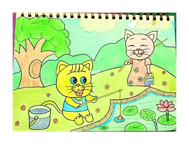 小猫钓鱼 #简笔画  #小猫钓鱼故事小猫钓鱼在树林旁边,有一条泻河