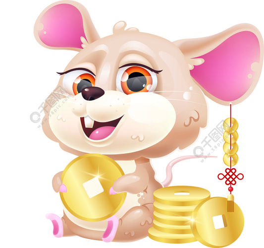 可爱的老鼠卡哇伊卡通矢量人物可爱而有趣的生肖动物与金币隔离贴纸