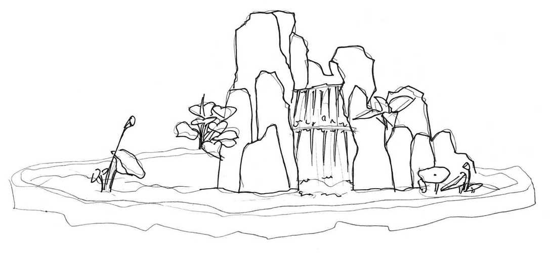 06.用钢笔刻画假山周围的植物,注意绘制植物的线条要自然,流畅.07.