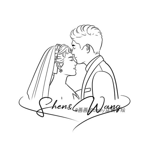 婚礼q版手绘黑白简笔画头像定制人物婚纱照人形立牌纹身刺青设计