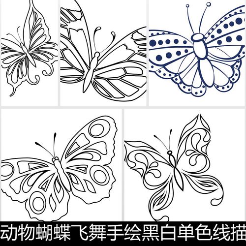 ewl昆虫动物蝴蝶飞舞手绘黑白单色线描线条矢量设计素材资料参考