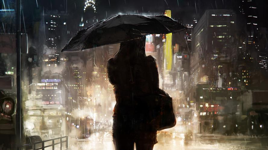 晚上城市雨天伞女孩的剪影背影唯美电脑壁纸