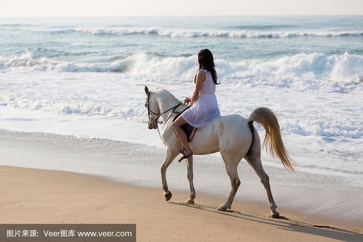 女孩骑马在海滩上