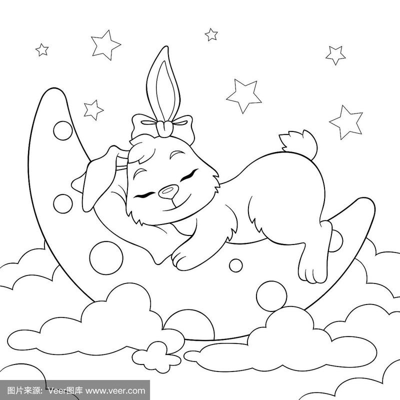 可爱的卡通兔子睡在云中的月亮上.黑白插图着色书